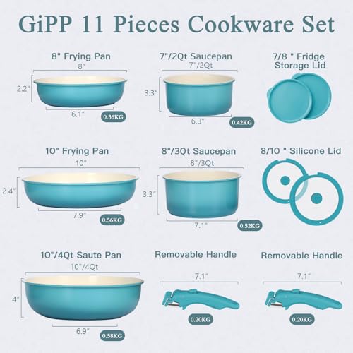 GIPP 11pcs Pots and Pans Set Non Stick, Nonstick Cookware Set Detachable Handle, Ceramic Pots for Cooking Non Stick with Removable Handle, RV Cookware Set for All Stoves, Light Blue Gradient - color: Light Blue Gradient, size: 11PCS