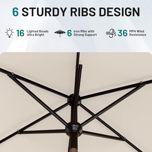 AreShark 6.5' x 10' Rectangular Patio Umbrella with Solar Lights, Solar Powered Lighted Market Umbrella w/Tilt and Crank, Outdoor Table Umbrella for Garden, Deck, Backyard, Pool, Cream-White - color: Cream-White, size: 6.5 X 10 Ft