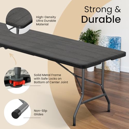 Our Modern Space 8 Feet Foldable Table with Built in Handle & Steel Legs | Heavy Duty Portable | Perfect for Party, Dining, Wedding, Events, Picnic Indoor, Outdoor, Camping, Utility, Temporary - color: Black, size: 8 FT