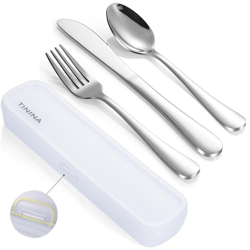 Travel Utensils with Case, 4-Piece Stainless Steel Portable Cutlery Set, Reinforced Case with Buckle Design, Lunch Box for Camping Work School, Include Fork Spoon Knife, Dishwasher Safe, Silver - color: Silver
