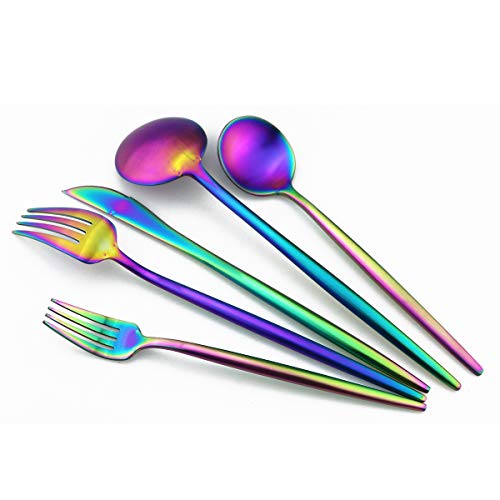 Matte Rainbow Silverware, Gugrida 5-Piece 18/10 Stainless Steel Flatware Set, Satin Finish Kitchen Utensils, Tableware Travel Cutlery for Camping, Office or School Lunch, Dishwasher Safe - color: Rainbow, size: Service for 1