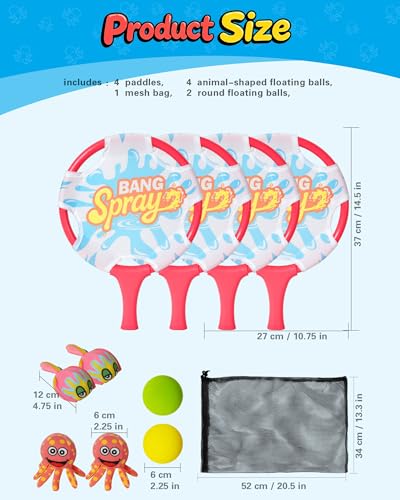 Water Paddle Toss Game for Kids & Family, Floating Beach Paddle Game with 4 Paddles, 4 Animal-Shaped Balls and 2 Round Balls, Pool Beach Toys for Kids, Indoor Outdoor Catch Game for Yard Lawn Sand - size: 4pcs