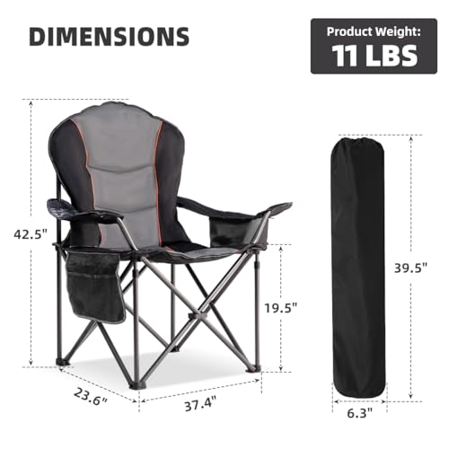 Large Camping Chair with Side Table Heavy Duty 500LBS - Folding Outdoor Chair with Cooler Bag (Black & Gray, 2 PCS) - color: Black & Gray, size: 2 Pcs