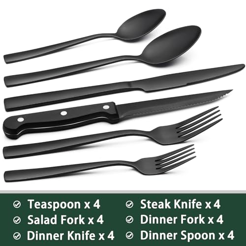 EWFEN 24-Piece Black Silverware Set with Steak Knives, Black Flatware Set for 4, Food-Grade Stainless Steel Tableware Cutlery Set, Mirror Finished Utensil Sets for Home Restaurant, Square Edge - style: Square Edge