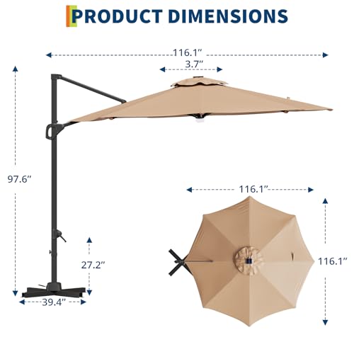 10ft Cantilever Patio Umbrella with Base - 360° Rotation & Adjustable Tilt - Heavy-Duty Waterproof Canopy - Rust-Resistant Aluminum Frame - Windproof Offset Sun Shade for Garden, Deck, Pool, or Backyard - Grey or Beige - color: Tan