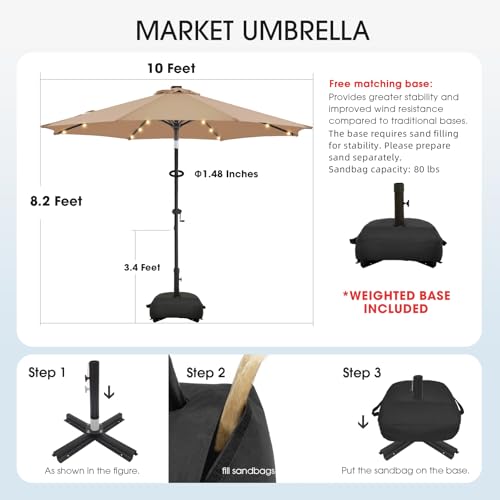 wikiwiki 10FT Solar Led Patio Umbrella with Base Included, 32 LED Lights, 8 Sturdy Ribs, Fade Resistant Waterproof POLYESTER DTY Canopy for Garden, Lawn, Deck, Backyard & Pool, Tan - color: Tan, size: 10FT
