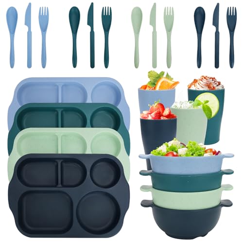 Unbreakable Dinnerware Sets for 4 People,24pcs Divided Plates and Bowls, Reusable Dinnerware Plastic Plates, Cups, Bowls, Cutlery Set for School Party, Camping, Home, Office - color: Blue