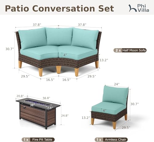 PHI VILLA Half Moon Patio Furniture Set with 56" Fire Pit Table, Outdoor Curved Wicker Sectional Sofa with Cushions and Ottomans, Aqua Blue - color: Aqua Blue+fire Pit, size: 5 Seats - Half Moon