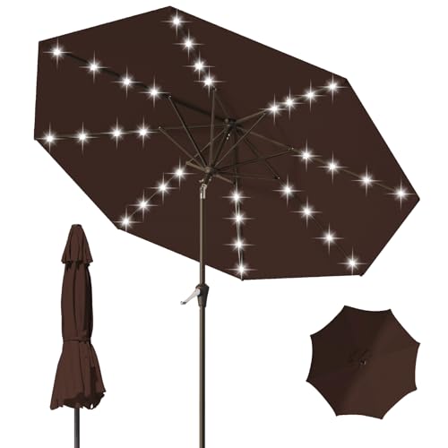 9FT Patio Umbrella with Solar Lights,Outdoor Market Umbrella with Tilt and Crank, LED Lighted Table Umbrella for Garden,Deck,Backyard,Pool,Beach (Brown) - color: Brown