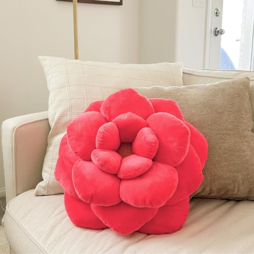 Green Philosophy Co. Camellia Plush Flower Pillow – Large Soft 3D Flower Shaped Throw Pillow, Neon Coral Decorative Pillow for Couch & Bed, for Plant Lovers - color: Neon Coral