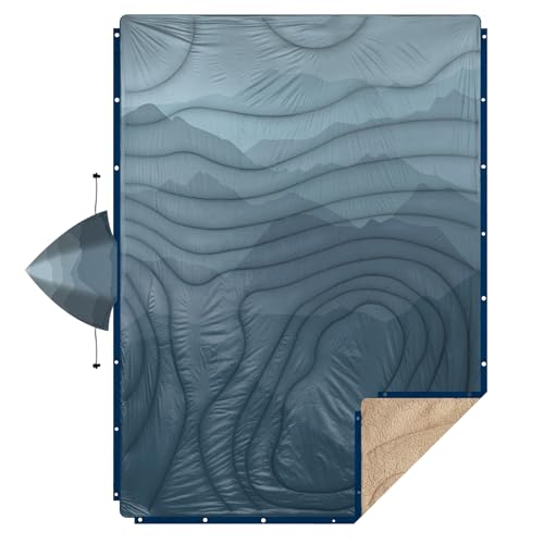 Outdoor Camping Blanket with Sherpa Lining, Extra Warm Thick Camp Blankets and Puffy Ultralight Soft Poncho DWR Camping Quilt for Cold Weather, Adventure, Sleeping, Backpacking 78"x 56" - color: Hooded - Blue Cloud Valley, size: 78 x 56 inches