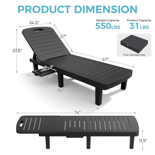 Outdoor Chaise Lounge, 5-Position Adjustable Sun Lounge w/Pull-Out Tray, Waterproof PP Lounge Chairs for Outside, Lounge Chairs for Poolside, Patio, Beach, Yard in All Weather,1 PC,Black - style: Set of 1