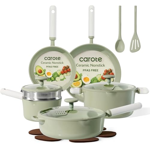 CAROTE Pots and Pans Set Non stick, 15pcs Ceramic Cookware Set Nonstick Non Toxic Cookware,Dishwasher,RV/Camping Cookware Set,Green - color: Green