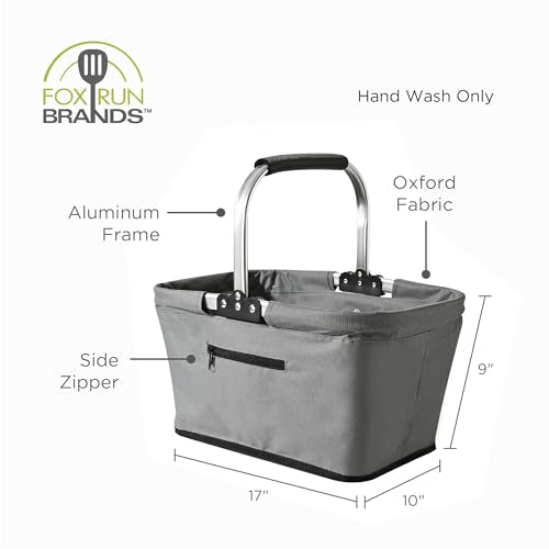 Fox Run Collapsible Shopping Basket with Handle, 17" x 10" x 9" Harvest and Picnic Basket