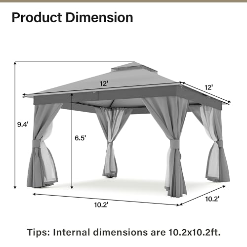 LAUSAINT HOME 12'x12' Outdoor Patio Gazebo with 100FT String Lights, Heavy Duty Party Tent & Shelter with Double Roofs, Mosquito Nettings and Privacy Screens for Backyard, Garden, Deck (Grey) - color: Gray, size: 12'x12' with lights