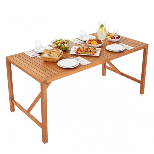 Tangkula 55" Acacia Wood Outdoor Dining Table for 4-6 Person, Rectangular Patio Dining Table with 2" Umbrella Hole and Support Bars, Indoor Outdoor Dining Furniture for Deck, Garden, Poolside & Yard - size: 55"