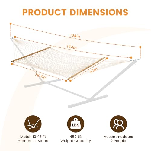 Lazy Daze Hammocks 12FT Double Rope Hammocks, 2 Person Hand Woven Cotton Hammock with Pillow and Spreader Bar for Outside, Patio, Poolside, FIT 13-15 Ft Stand, Max 450 Lbs, Natural, 141 x 57 inches - color: Natural With Brown Pillow