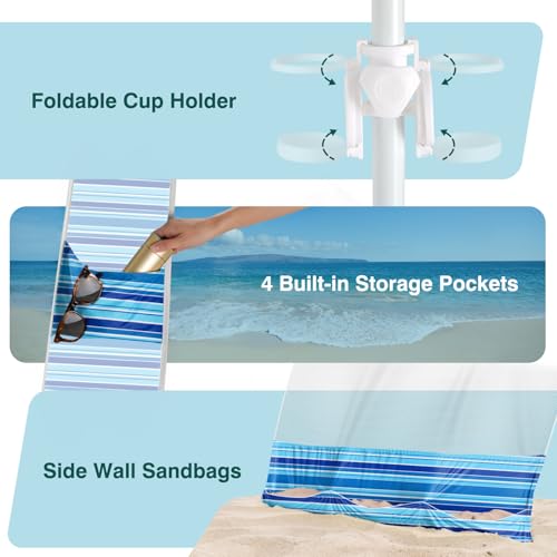 Rhino Valley Beach Cabana, 8 * 8FT Beach Tent UPF50+ Protection, Easy Setup Beach Canopy Wind Resistant with Cup Holder, Compact Beach Shade Foldable Beach Tent Sun Shelter, Blue Four Stripes - color: Blue Four Stripes