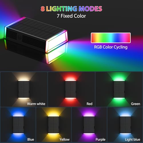 Solar Lights Outdoor,8 Lighting Modes Dusk to Dawn Lighting Wall Sconce IP67 Waterproof Up and Down Solar Wall Light Front Door Light for House, Garage, Porch,Doorway,Fence,Festival Decor (2 PACK) - color: RGB & Warm White
