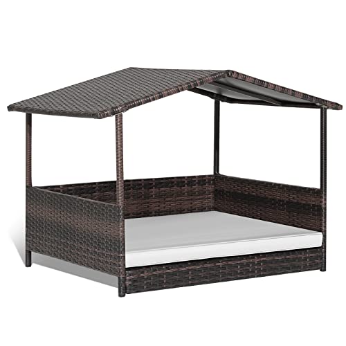 Giantex Wicker Dog House, Raised Rattan Dog Bed with Waterproof Roof, Washable Cushion Cover, Steel Frame, Indoor Outdoor Elevated Dog Bed Pet House for Small Medium Dogs Cats, Easy Assembly - style: Brown House & White Cushion