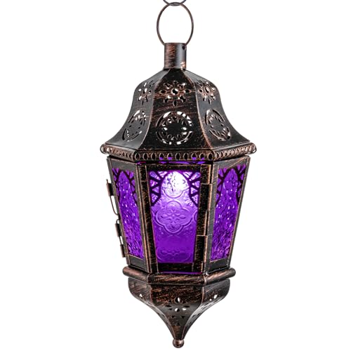 Moroccan Decorations Indoor, 13.6’’ Lantern Decorative Outdoor, Halloween Style Hanging Lantern with Chian for Home Porch Patio Decor, Vintage Metal Christmas Ramadan Candle Holders(Purple) - color: Purple