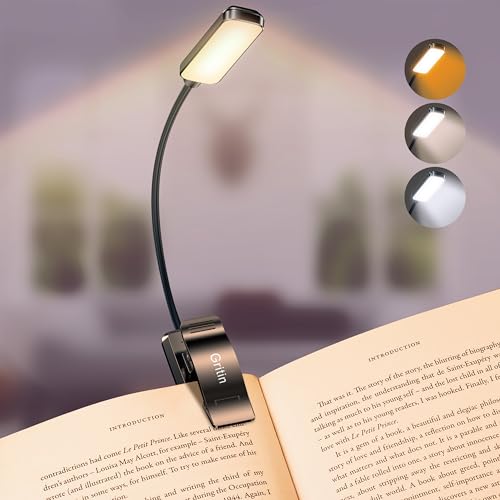 Gritin 9 LED Rechargeable Book Light for Reading in Bed -Eye Caring 3 Color Temperatures,Stepless Dimming Brightness,80 Hrs Runtime Small Lightweight Clip On Book Reading Light for Studying - color: Jet Black