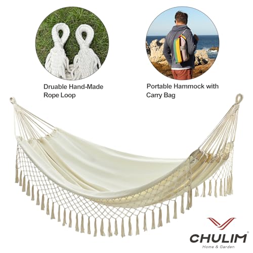 CHULIM Brazilian Double Hammock with Tree Straps,Extra Large 94x63IN,2 Persons Hammock for Backyard Patio Outdoor Indoor,450lbs Weight Capacity,Soft Woven Cotton Fabric - Natrual White with Tassels - color: Natrual White With Tassels