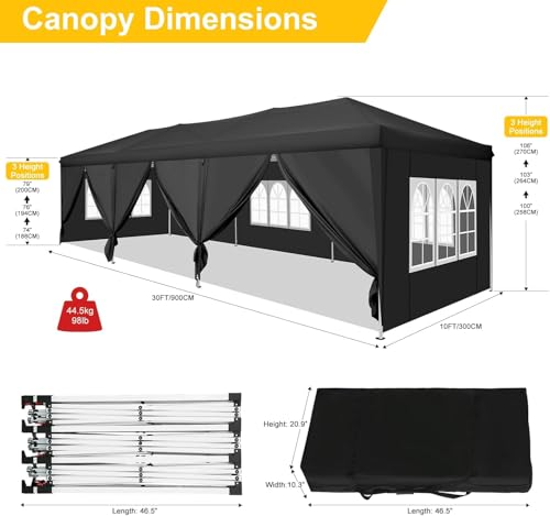 COBIZI Canopy 10x30 Pop Up Canopy Tent with 8 Sidewalls Party Tents for Parties Wedding Backyard Waterproof Outdoor Commercial Event Tent with Stakes, Ropes, Sandbags, Black - color: BLACK, size: 10x30ft With 8 Sidewalls