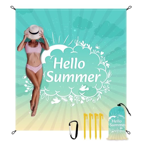 Beach Blanket Waterproof Sandproof Oversized Extra 79 * 88inch Sand Free Beach Mat with Stakes, Storage Bag - Essentials for Outdoor Beach, Picnic,Quick Drying Durable - color: Hellosummel, size: 6.6x7.2 FT (1～4 Person)