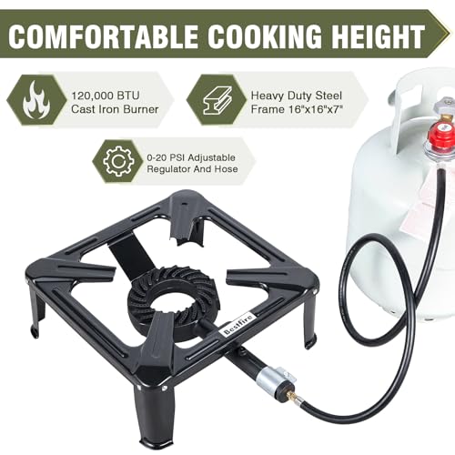 Bestfire High Pressure Propane Burner, 260000 BTU Single Propane Stove with 4.1ft 0-20Psi Adjustable Hose with Regulator, 16" Square Steel Cooktop for Camping - color: 16" propane burner
