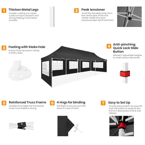COBIZI 10x30 Pop up Canopy with Roller Bag & 8 Removable Sidewalls, Canopy Tent for Parties, Wedding, and Commercials, Waterproof and Instant Shelter UV50+ Outdoor Gazebo with 4 Sandbags(Pure Black) - color: Pure Black, size: 10x30FT