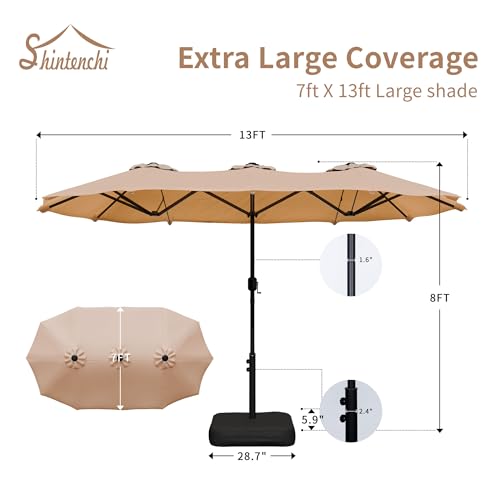 Shintenchi 13FT Large Patio Umbrella with Base, Outdoor Double-Sided Rectangular Shade with Crank Handle for Poolside Lawn Garden, Khaki - color: Khaki, size: 13FT