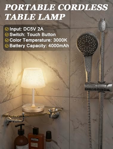 Kakanuo Champagne Gold Shower Lamp Waterproof, Rechargeable Cordless Lamp with 4000mAh Battery, Touch Dimmable Table Lamp for Outdoor, Kitchen, Bathroom, Camping, Patio, IP54 - color: Champagne Gold