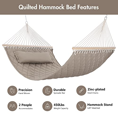 ANOW Double Hammock with Spreader Bars and Detachable Pillow, 2 Person Hammock for Outside, 450 LBS Weight Capacity, Light Brown - color: Light Brown, size: 2 Person Without Stand