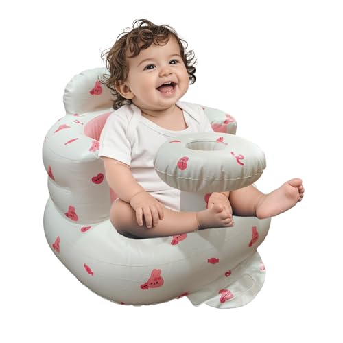 Inflatable Baby Seat for Babies 3-36 Months, Baby Chair with Fence & Built in Air Pump, Blow Up Floor Baby Seat with Back Support, Inflatable Baby Chair Sit Me Up for Home Pink Rabbit-Tray - color: Pink Rabbit-Tray