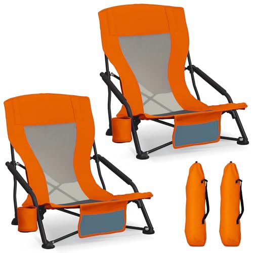 Portable Folding Beach Chair for Adults - Lightweight Low Back Sling Chair with Cup Holder & Storage Pocket, 300lbs Capacity Camping Chair for Outdoor, Lawn (Bright Orange, 2 pcs) - color: Bright Orange, size: 2 pcs