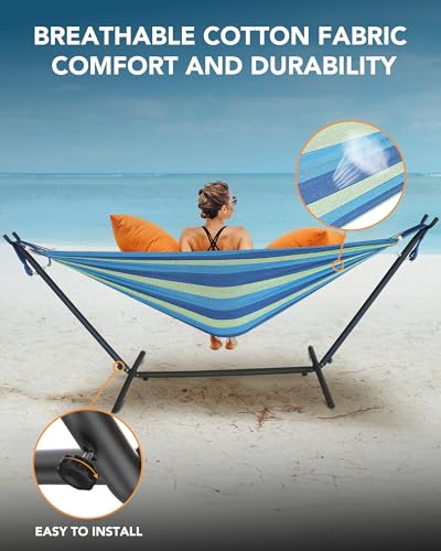 Everyfun Double Hammock with Space-Saving Steel Stand, 2 Person Heavy-Duty Hammock for Garden, Yard or Outdoor, 600lbs Capacity, Wide Blue - color: Wide Blue