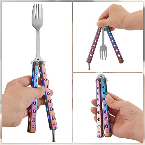 Flutesan 2 Pcs Butterfly Fork and Spoon Set, Tactical Butterfly Spoon Folding Stainless Steel Spork Utensil Set Balisong Trainer for Travel Camping Hunting BBQ Kitchen(Colorful) - color: Colorful