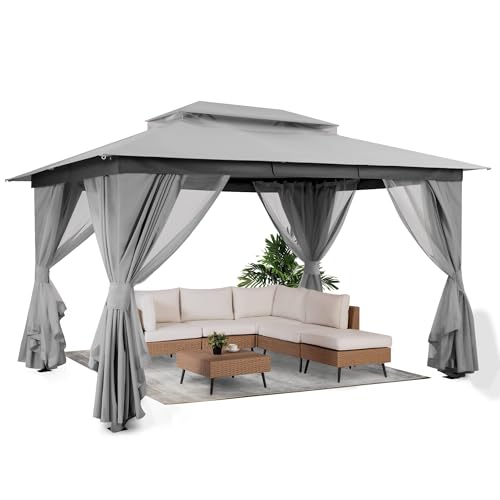 LAUSAINT HOME 10'x13' Outdoor Gazebo, Metal Frame Heavy Duty Patio Canopy Tent Shelter with Double Roofs, Mosquito Nettings and Privacy Screens for Backyard, Garden, Lawn, Gray - color: Gray, size: 10'x13'