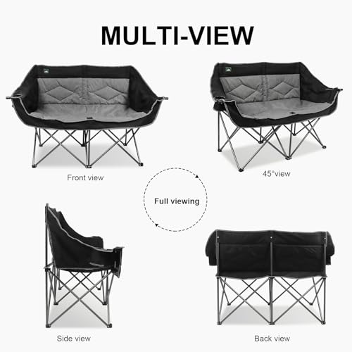 Northroad Folding Loveseat Camping Chair Portable Double Duo Full Padded Garden Chair for 2 Person Sofa w/ 2 Cup Holder,Wine Glass Holder,Mesh Storage,Support 500lbs for Picnic Beach Travel - color: Black&grey