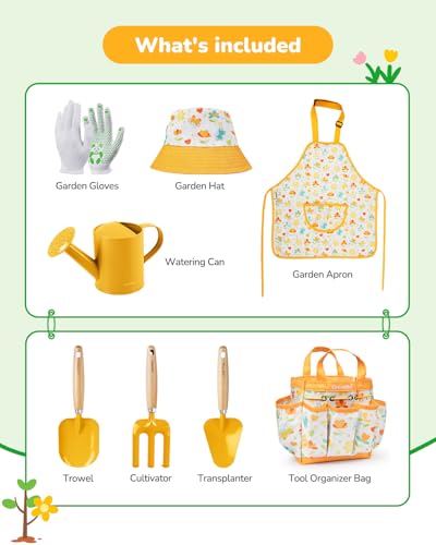 Grenebo Kids Gardening Set Toys,Includes Metal Trowel,Transplanting Shovel,Garden hat,Rake,Apron,Gloves,Watering Can,and Tool Organizer Bag (Yellow) - color: E-yellow