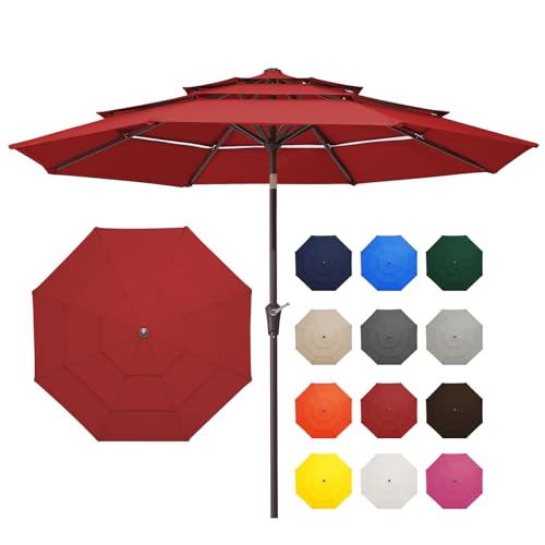 JEAREY 9FT 3 Tier Patio Umbrella Outdoor Market Umbrella Table Umbrellas with 8 Ribs 1.5 Pole Push Button Tilt and Crank UV Protection for Garden,Red - color: Red