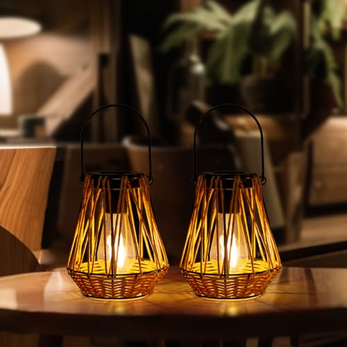 Solar Lanterns,2 Pack Hanging Solar Lantern Outdoor Lanterns for Patio Waterproof,Rattan Lantern with Handle,Decorative Retro Rattan Lights for Yard - style: Ranttan-2