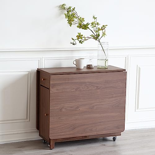 COMUHOME Extendable Drop Leaf Foldable Dining Table with 2 Drawers and 4 Wheels for Living Room Kitchen Farmhouse Space Saving Table in Walnut - color: Walnut