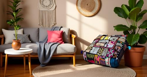 CRAFT KALA Indian Square Patchwork Traditional Pouf Cover Indian Living Room Poufs Decorative Embroidered Designer Ottoman Home Living Footstool Chair Cover Decor Pillow Cover 22x22x5 inches, Black