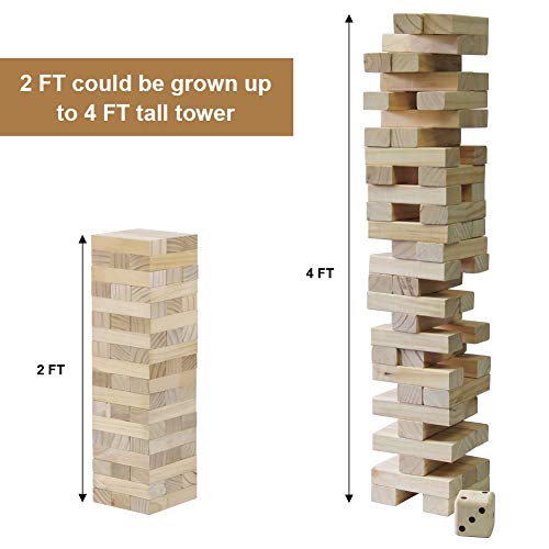 Juegoal 54 Pieces Giant Tumble Tower Blocks Game Giant Wood Stacking Game with 1 Dice Set Canvas Bag - color: Wood Color, size: Large