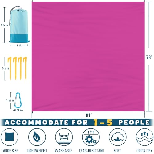 Beach Blanket 78''×81'' Suits 1-5 Adults Waterproof Sandproof Lightweight Oversized Large Picnic Mat Blanket for Beach Travel Camping Picnic Hiking - color: Raspberry, size: 6'9" x 6'6"