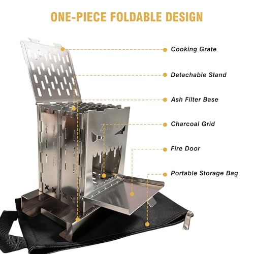 Survival Stove for Camping Cooking, Portable Wood Burning Stove, Stable Stainless Steel Foldable Camp Stove, Emergency Outdoor Cooking Stove No Gas Required, Compact Bushcraft Stove