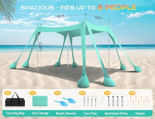 Rengue Beach Tent, Beach Canopy UPF50+ UV Protection, 10x10ft Beach Shade Sun Shelter with 8 Sandbags, Sand Shovels, Ground Peg, Stability Poles for Camping, Fishing, Picnic, Backyard Fun, Light Green - color: Light Green