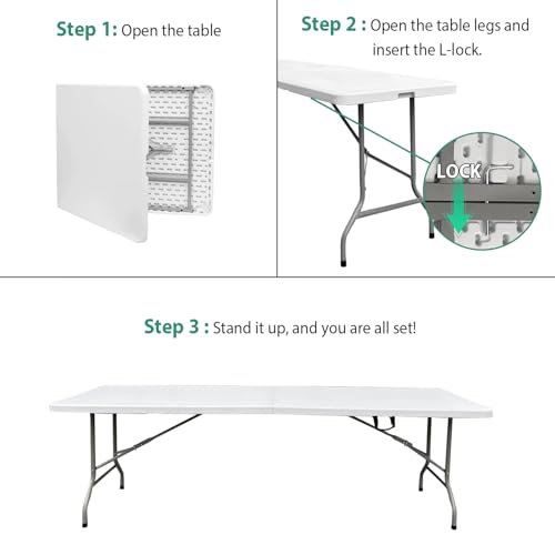 8ft Folding Table 96 inch, Heavy Duty 8 Foot Portable Plastic Foldable Table with Handle and Fold-in-Half Design, Blow Molded Tabletop for Outdoor, Indoor, Party, Dining and Camping, White - size: 8FT